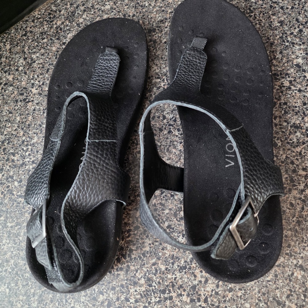 Vionic Terra Sandals Women Size 9 Black Leather Toe Post Orthotic Comfort - Picture 6 of 10